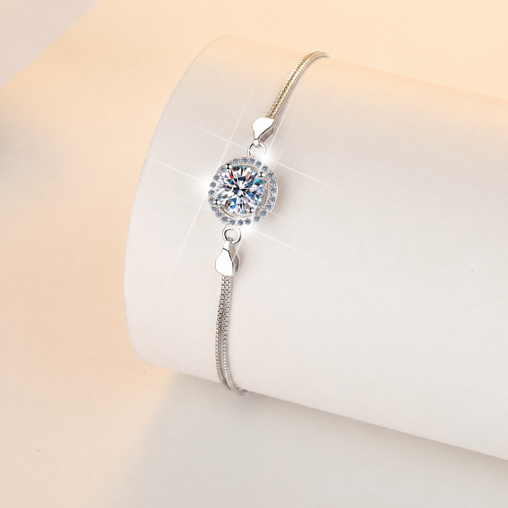 Moonlit Promise Moissanite Bracelet moissanite bracelet in S925 sterling silver - styling and detail view for ILU520 jewelry gifts