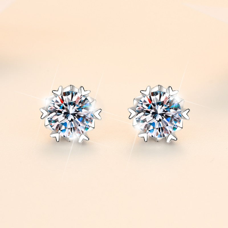 Winter Sprite Moissanite Stud Earrings pair of moissanite earrings in S925 sterling silver - styling and detail view for ILU520 jewelry gifts