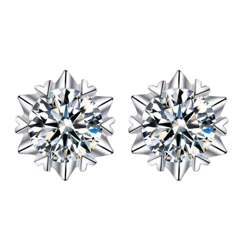 Winter Sprite Moissanite Stud Earrings pair of moissanite earrings in S925 sterling silver - styling and detail view for ILU520 jewelry gifts