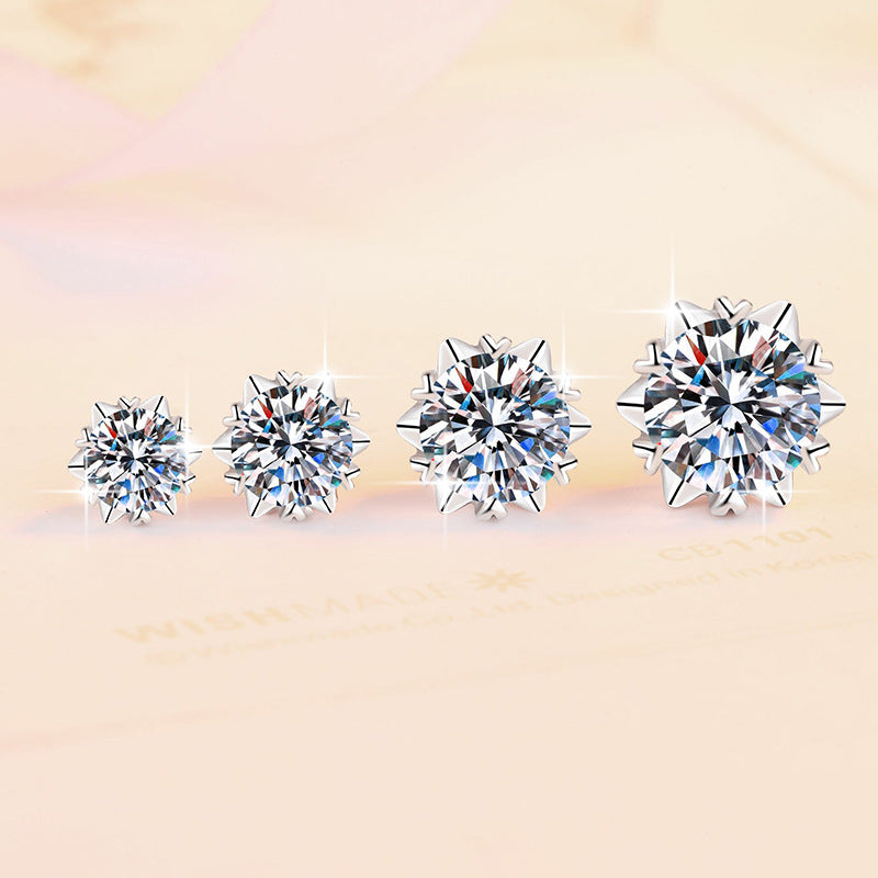 Winter Sprite Moissanite Stud Earrings pair of moissanite earrings in S925 sterling silver - styling and detail view for ILU520 jewelry gifts