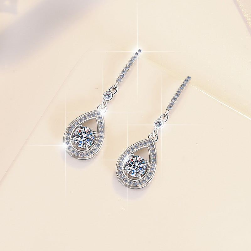 Aurora Dew Moissanite Drop Earrings pair of moissanite earrings in S925 sterling silver - styling and detail view for ILU520 jewelry gifts