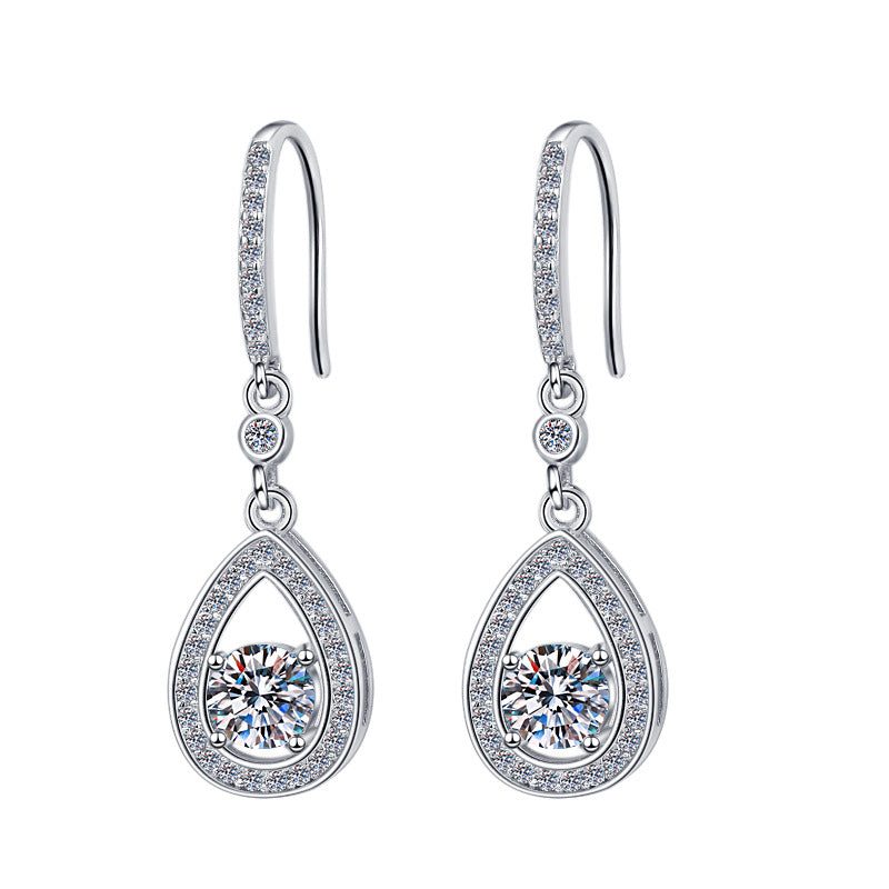 Aurora Dew Moissanite Drop Earrings pair of moissanite earrings in S925 sterling silver - styling and detail view for ILU520 jewelry gifts