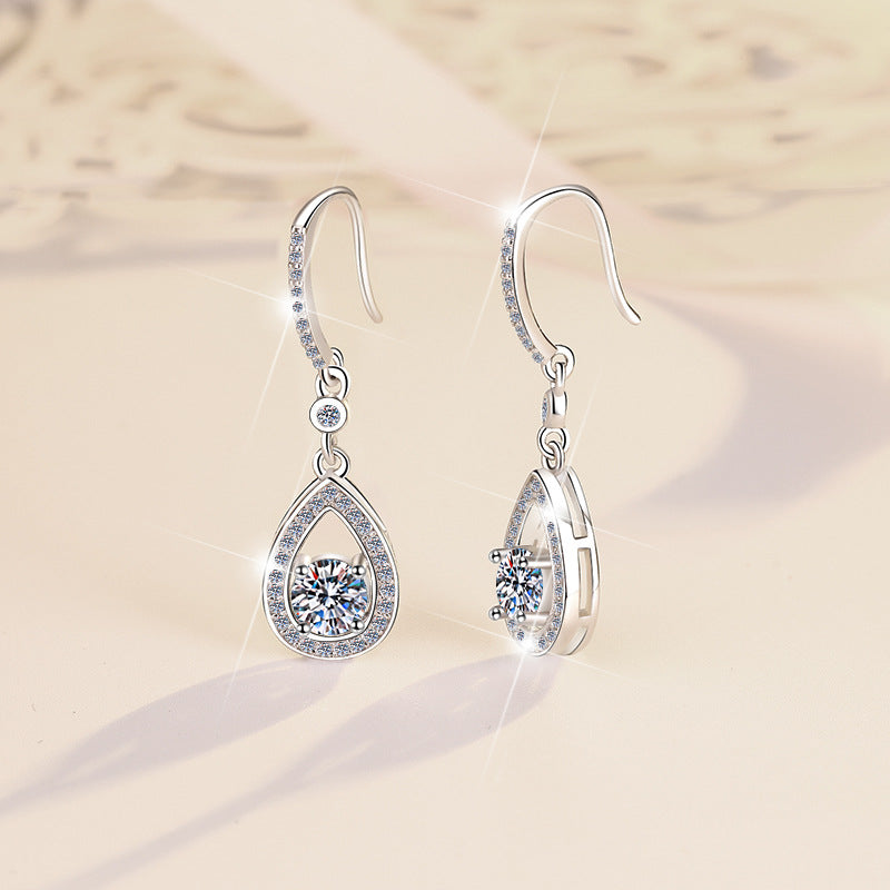 Aurora Dew Moissanite Drop Earrings pair of moissanite earrings in S925 sterling silver - styling and detail view for ILU520 jewelry gifts