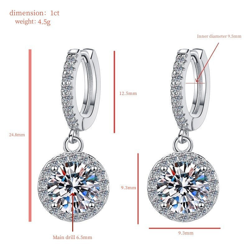 Moonlit Halo Moissanite Drop Earrings pair of moissanite earrings in S925 sterling silver - styling and detail view for ILU520 jewelry gifts