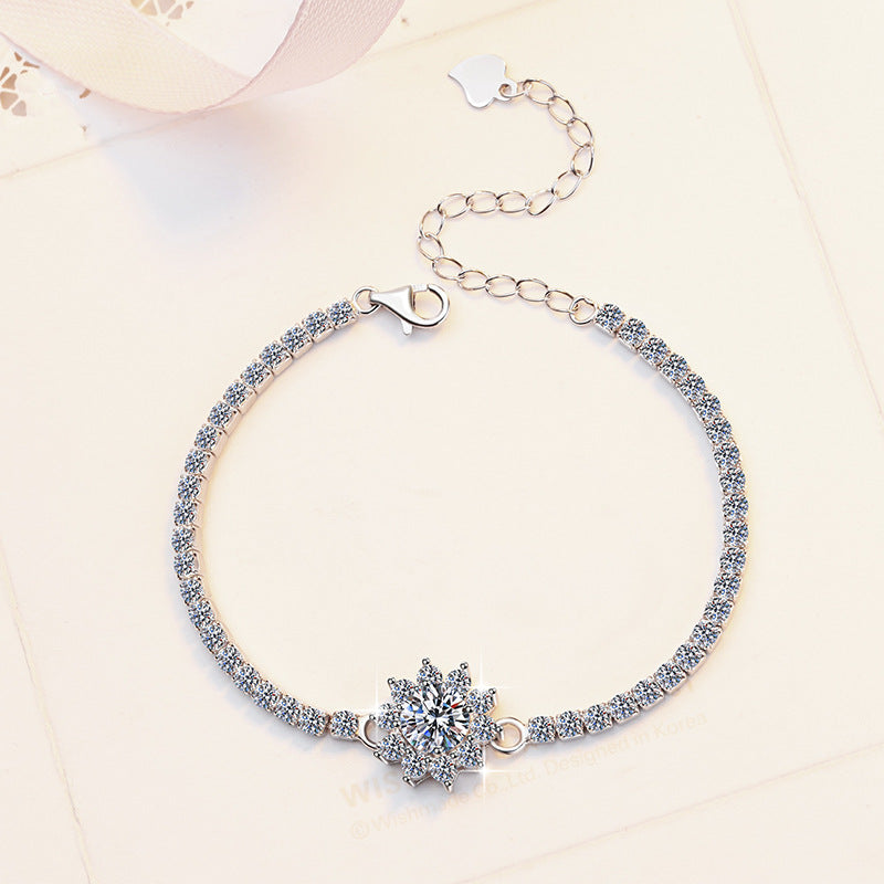 Winter Bloom Moissanite Bracelet moissanite bracelet in S925 sterling silver - styling and detail view for ILU520 jewelry gifts