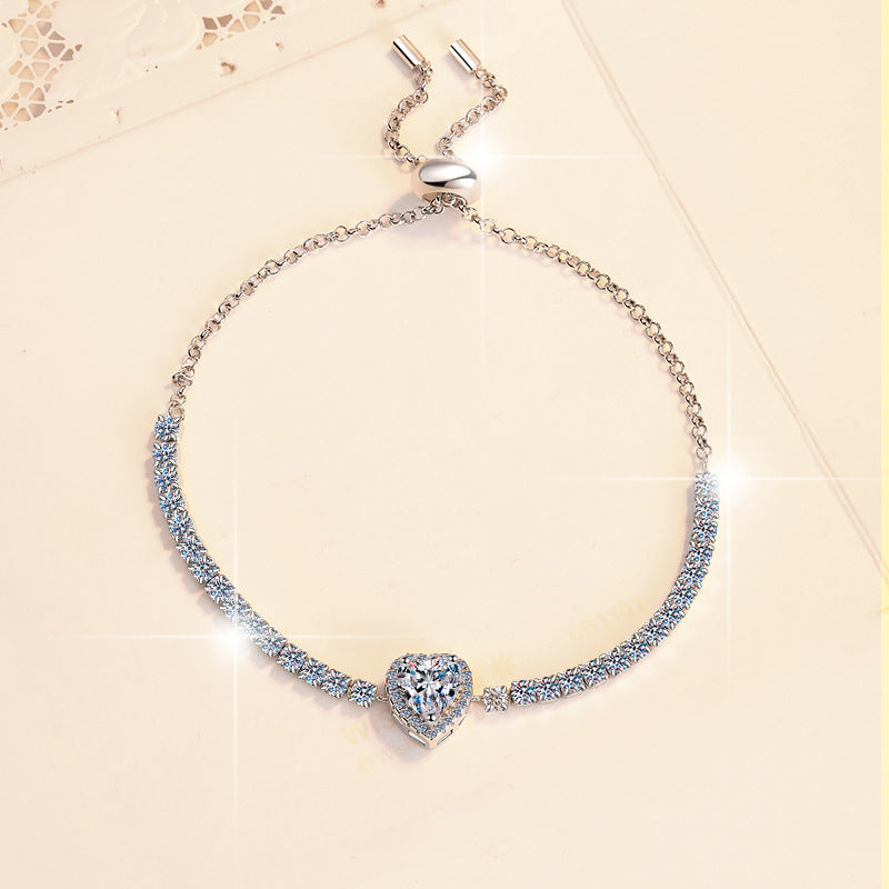 Heart Whisper Moissanite Bracelet moissanite bracelet in S925 sterling silver - styling and detail view for ILU520 jewelry gifts