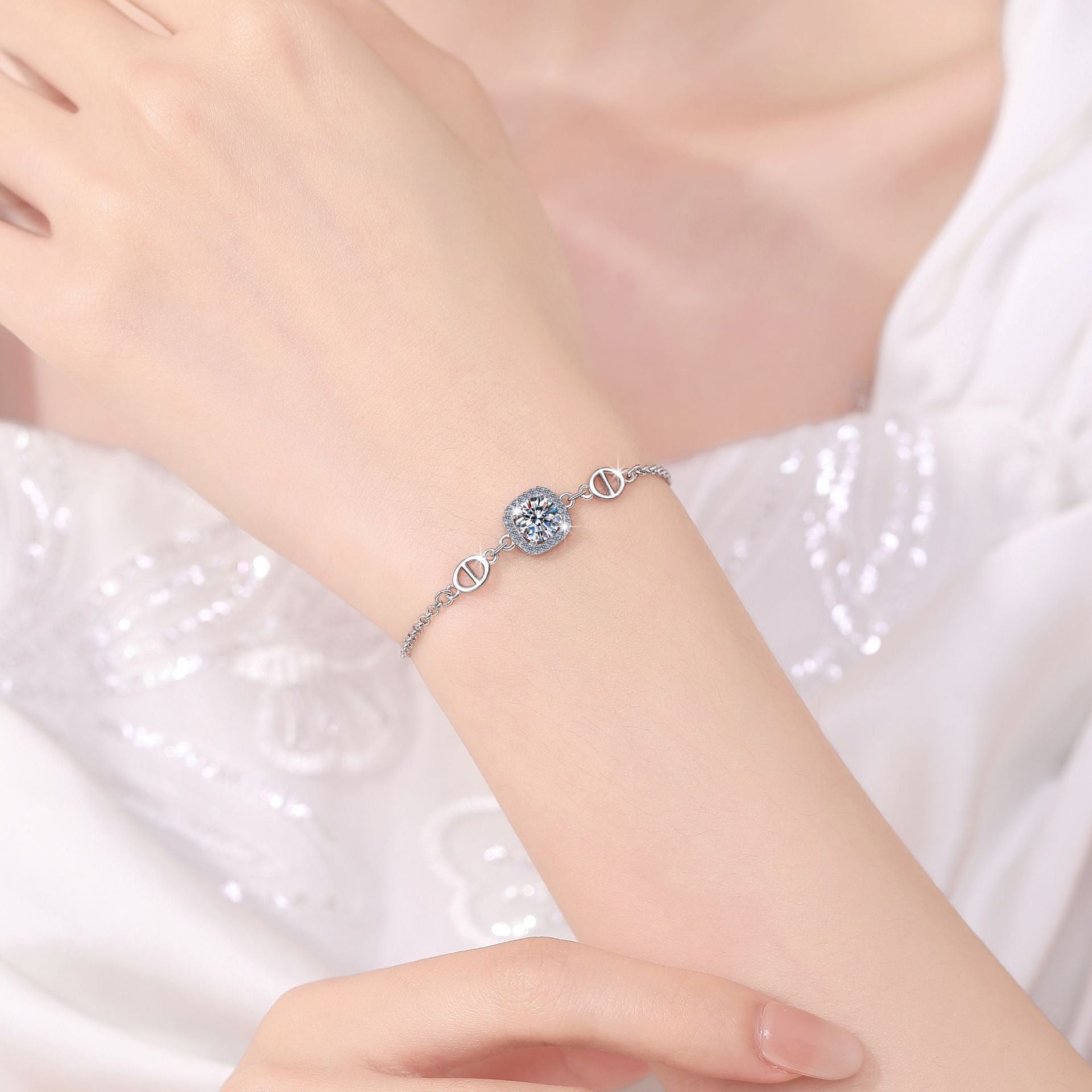Forever Grace Moissanite Bracelet moissanite bracelet in S925 sterling silver - styling and detail view for ILU520 jewelry gifts