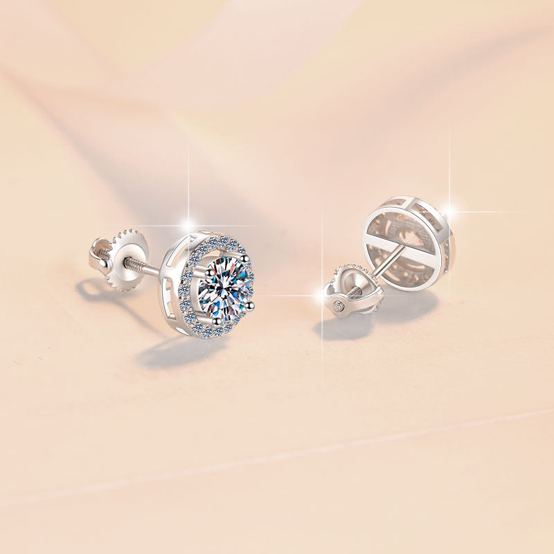Starlace Moissanite Stud Earrings pair of moissanite earrings in S925 sterling silver - styling and detail view for ILU520 jewelry gifts