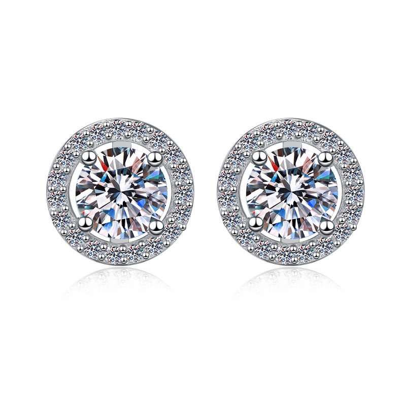 Starlace Moissanite Stud Earrings pair of moissanite earrings in S925 sterling silver - styling and detail view for ILU520 jewelry gifts