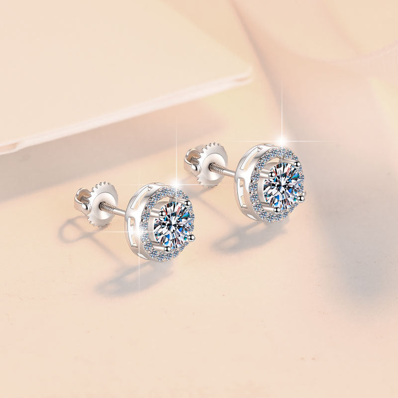 Starlace Moissanite Stud Earrings pair of moissanite earrings in S925 sterling silver - styling and detail view for ILU520 jewelry gifts