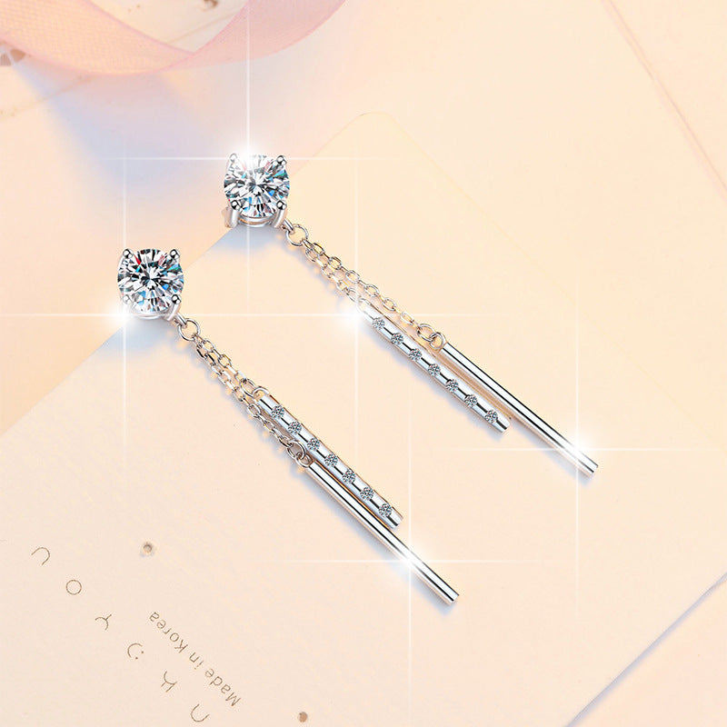 Starlit Tassel Moissanite Threader Earrings pair of moissanite earrings in S925 sterling silver - styling and detail view for ILU520 jewelry gifts
