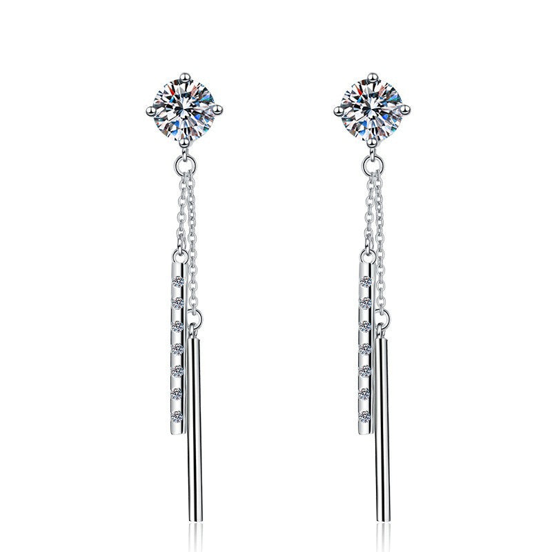 Starlit Tassel Moissanite Threader Earrings pair of moissanite earrings in S925 sterling silver - styling and detail view for ILU520 jewelry gifts