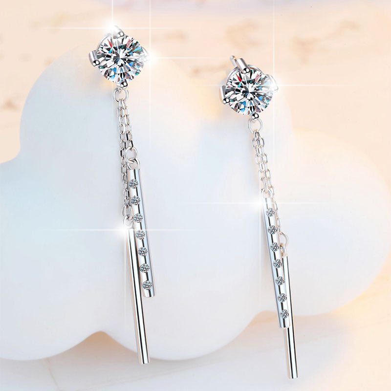 Starlit Tassel Moissanite Threader Earrings pair of moissanite earrings in S925 sterling silver - styling and detail view for ILU520 jewelry gifts