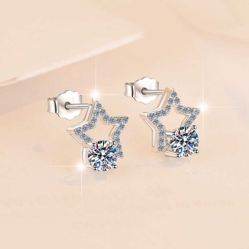 Starwish Moissanite Stud Earrings pair of moissanite earrings in S925 sterling silver - styling and detail view for ILU520 jewelry gifts