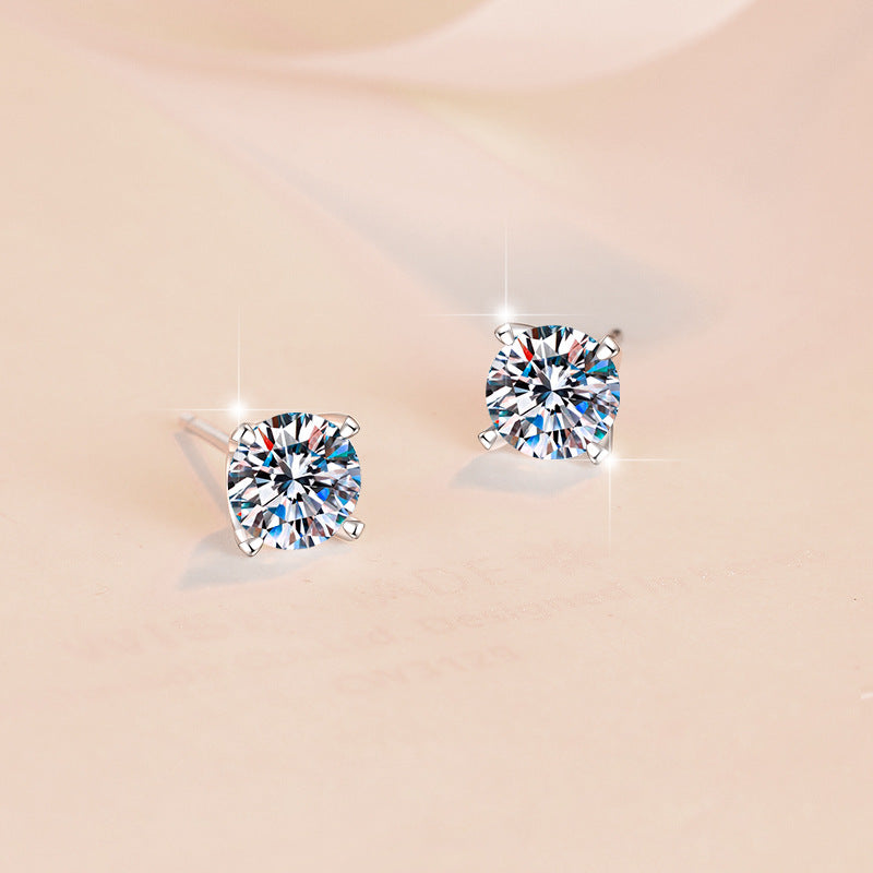 Bright Solitaire Moissanite Stud Earrings pair of moissanite earrings in S925 sterling silver - styling and detail view for ILU520 jewelry gifts