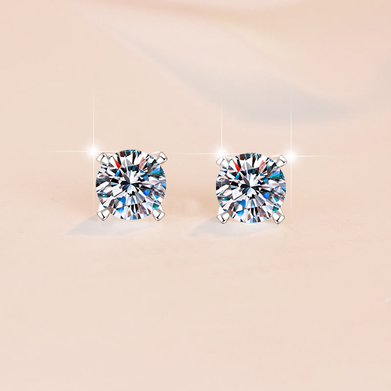 Bright Solitaire Moissanite Stud Earrings pair of moissanite earrings in S925 sterling silver - styling and detail view for ILU520 jewelry gifts