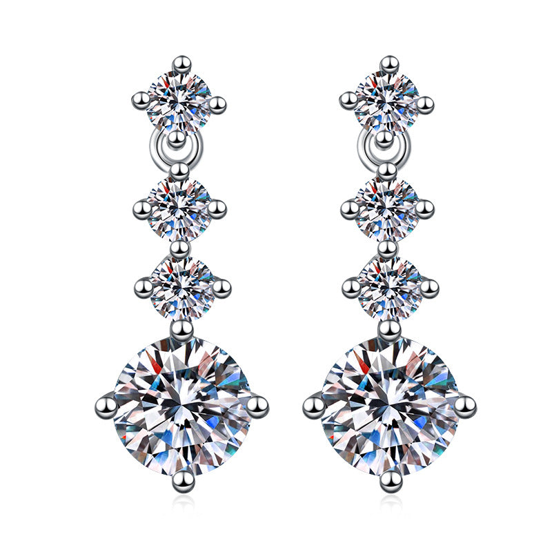 Starlight Cascade Moissanite Drop Earrings pair of moissanite earrings in S925 sterling silver - styling and detail view for ILU520 jewelry gifts