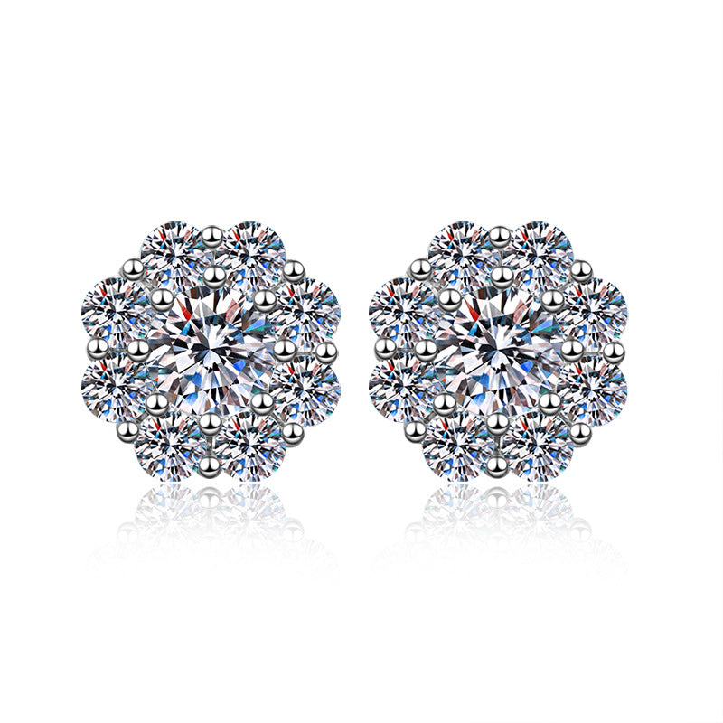 Blossom Glow Moissanite Stud Earrings pair of moissanite earrings in S925 sterling silver - styling and detail view for ILU520 jewelry gifts