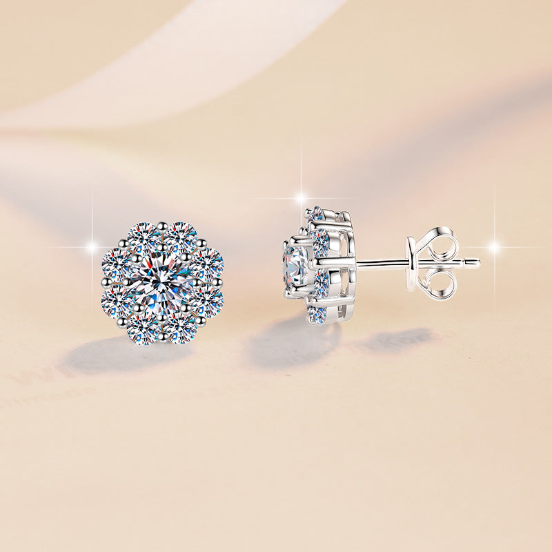 Blossom Glow Moissanite Stud Earrings pair of moissanite earrings in S925 sterling silver - styling and detail view for ILU520 jewelry gifts