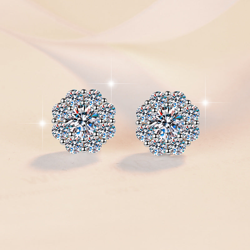 Blossom Glow Moissanite Stud Earrings pair of moissanite earrings in S925 sterling silver - styling and detail view for ILU520 jewelry gifts