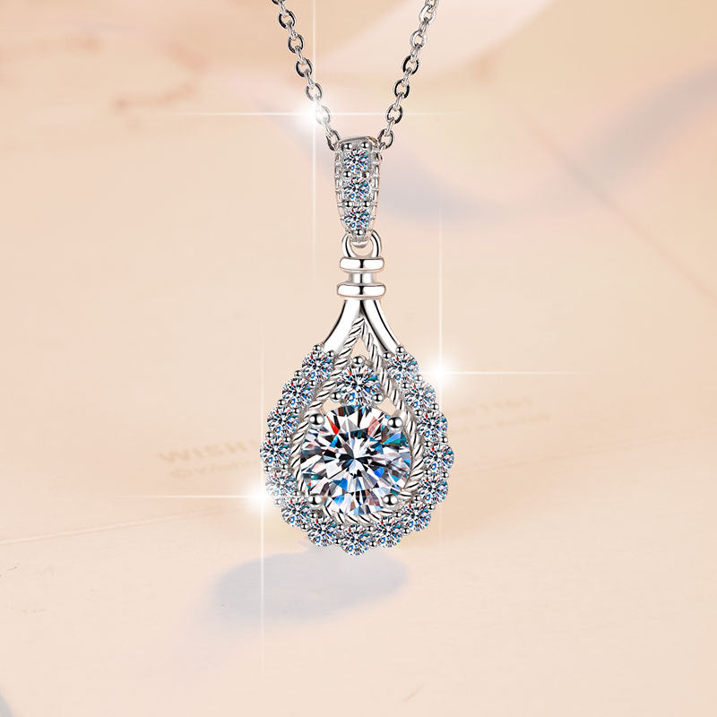 Aurora Dew Moissanite Pendant Necklace moissanite necklace in S925 sterling silver - styling and detail view for ILU520 jewelry gifts