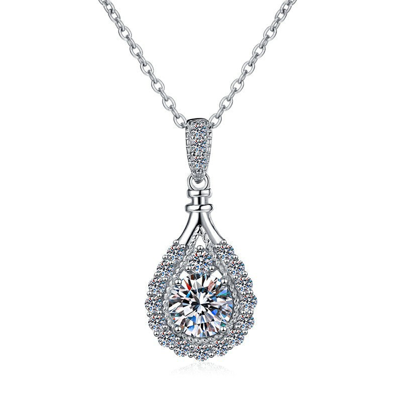 Aurora Dew Moissanite Pendant Necklace moissanite necklace in S925 sterling silver - styling and detail view for ILU520 jewelry gifts