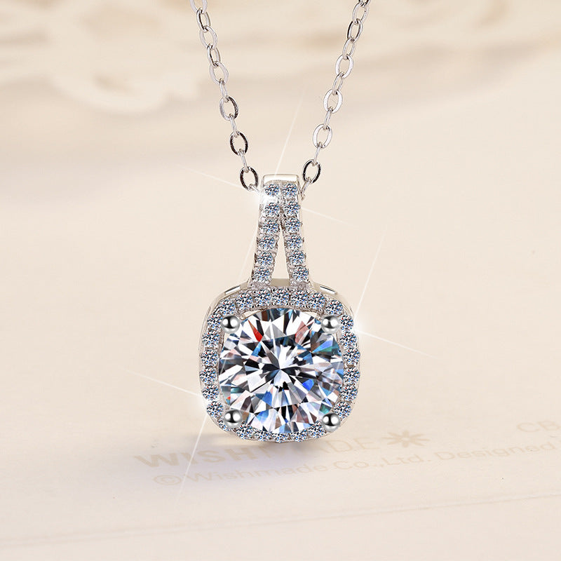 Mini Clutch Moissanite Pendant Necklace moissanite necklace in S925 sterling silver - styling and detail view for ILU520 jewelry gifts