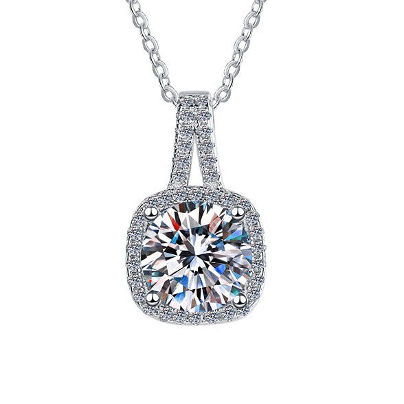 Mini Clutch Moissanite Pendant Necklace moissanite necklace in S925 sterling silver - styling and detail view for ILU520 jewelry gifts