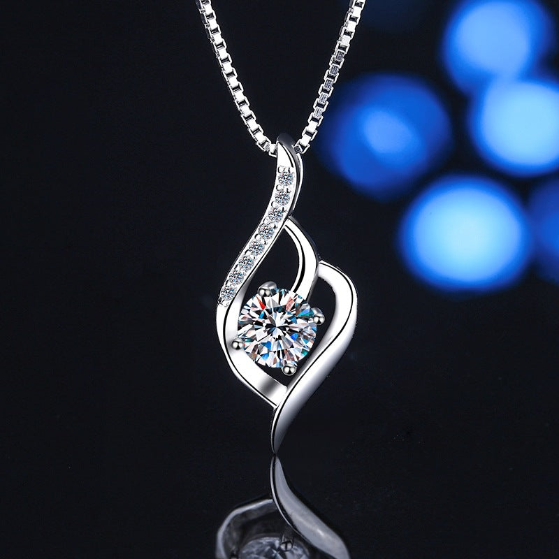 Silver Flame Moissanite Pendant Necklace moissanite necklace in S925 sterling silver - styling and detail view for ILU520 jewelry gifts