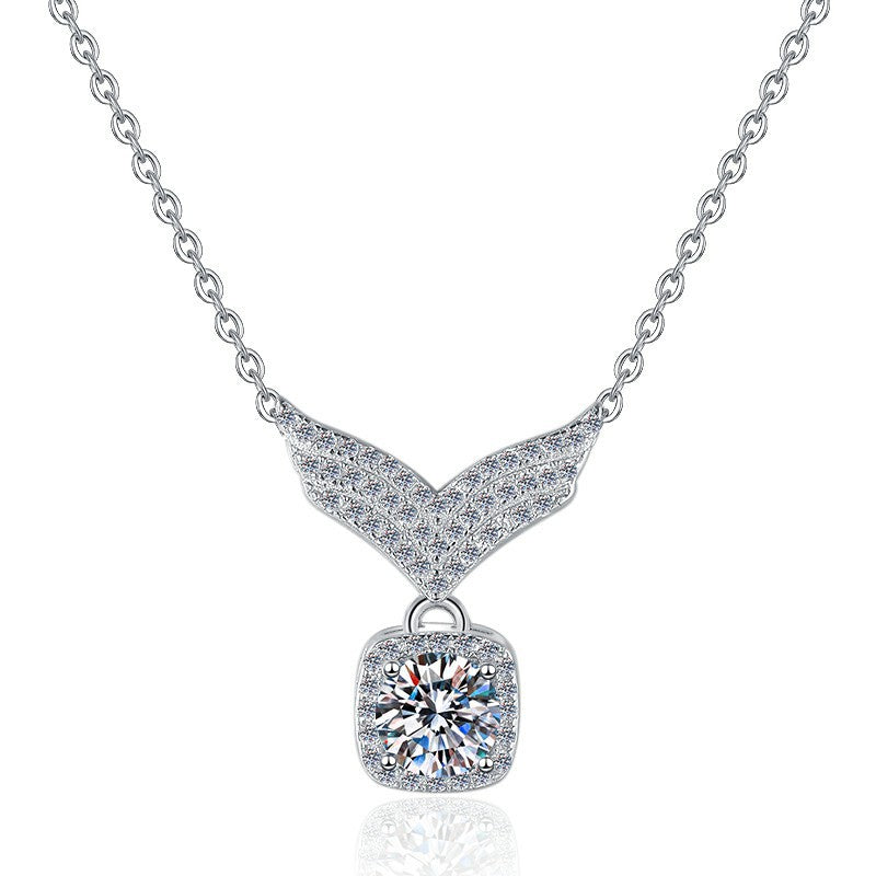Guardian Wing Moissanite Pendant Necklace moissanite necklace in S925 sterling silver - styling and detail view for ILU520 jewelry gifts