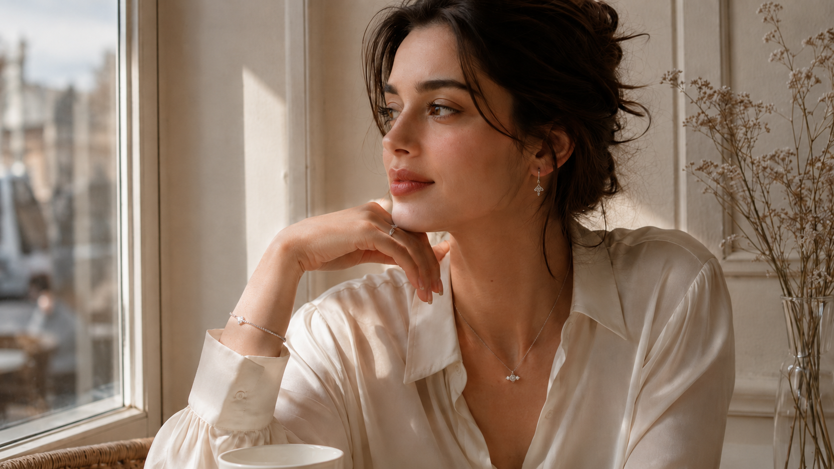 ILU520 jewelry worn in a quiet cafe lifestyle moment