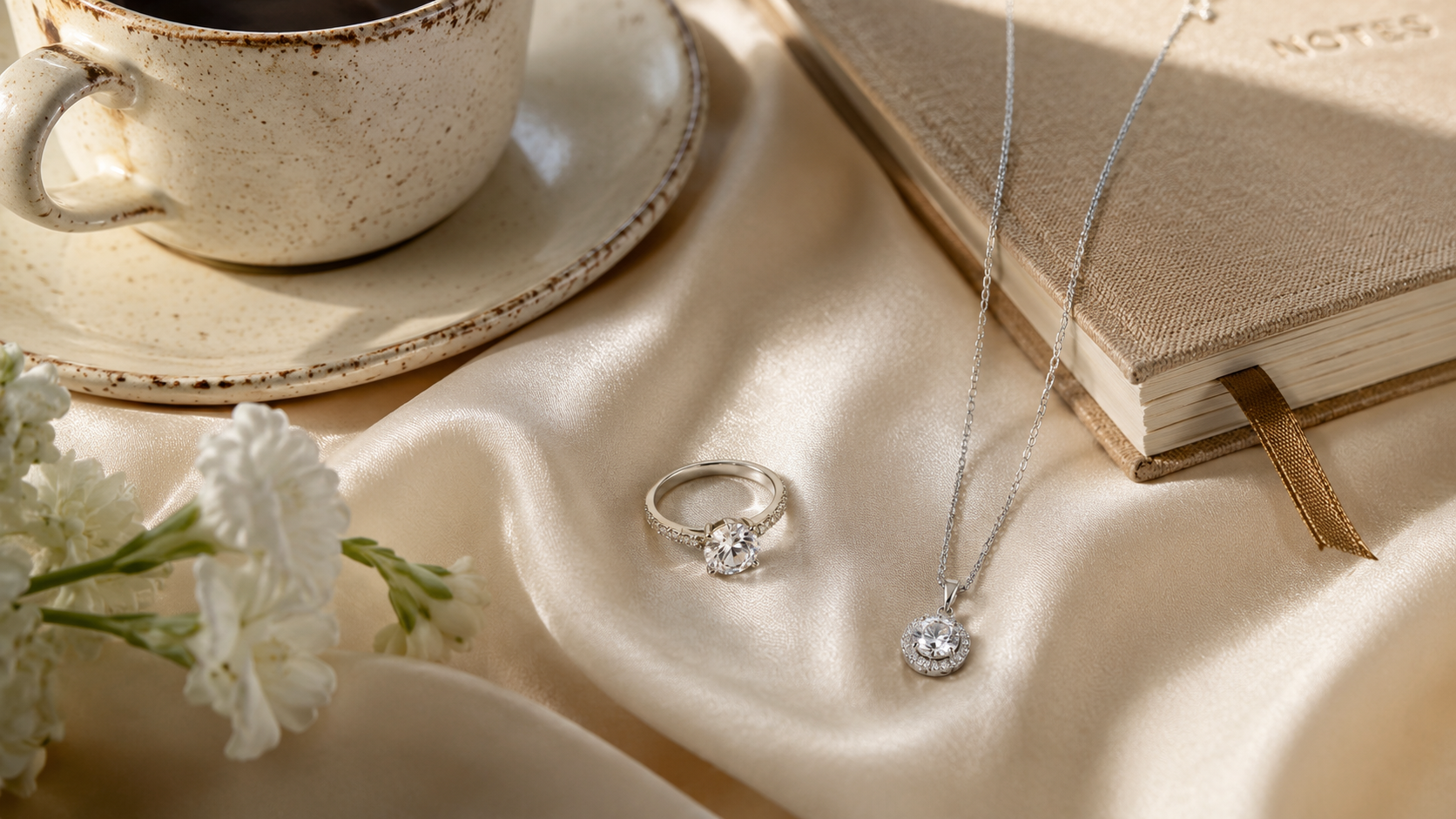 ILU520 jewelry with coffee, flowers, and a book