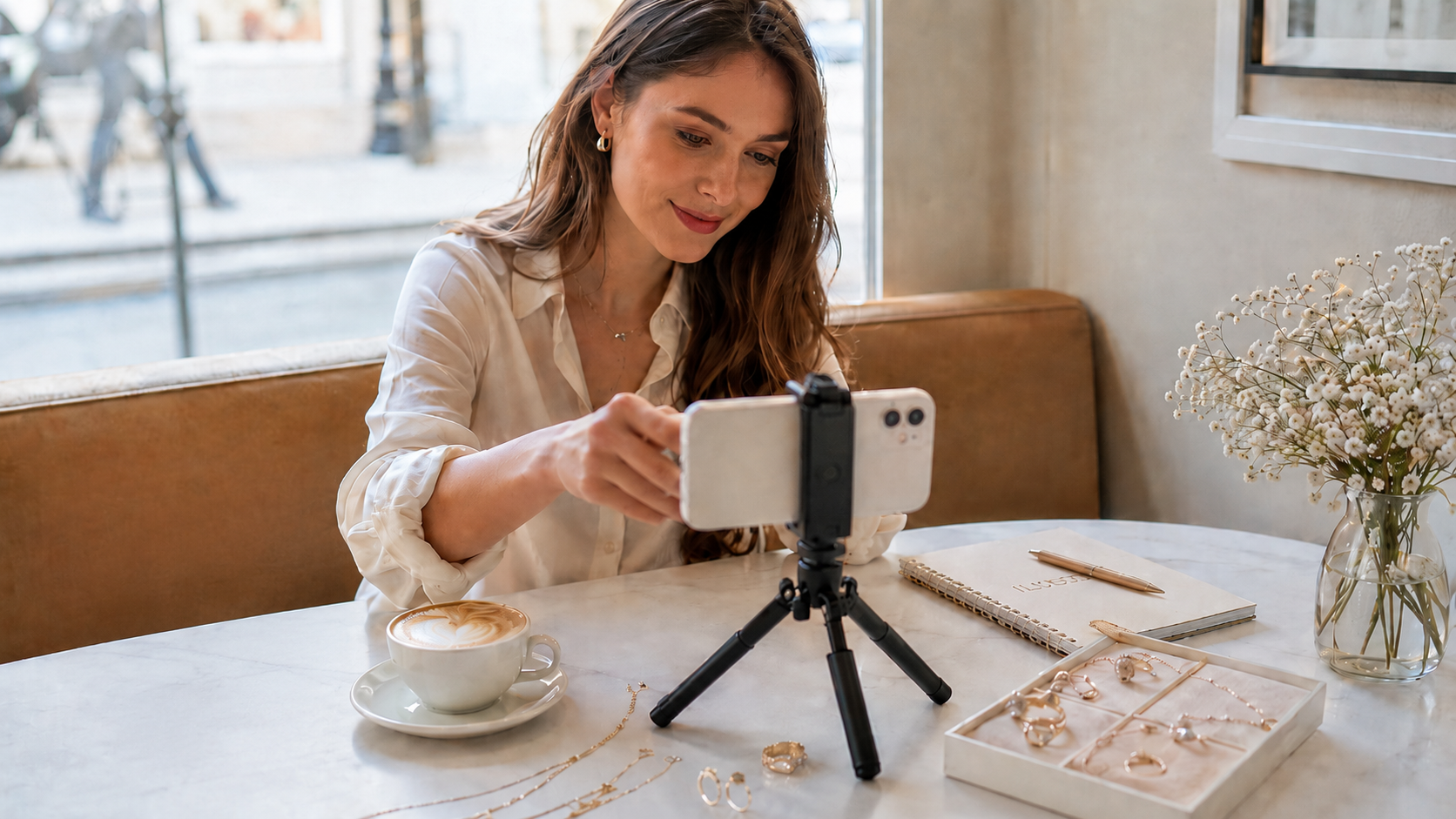 Creator styling ILU520 jewelry in a cafe setting
