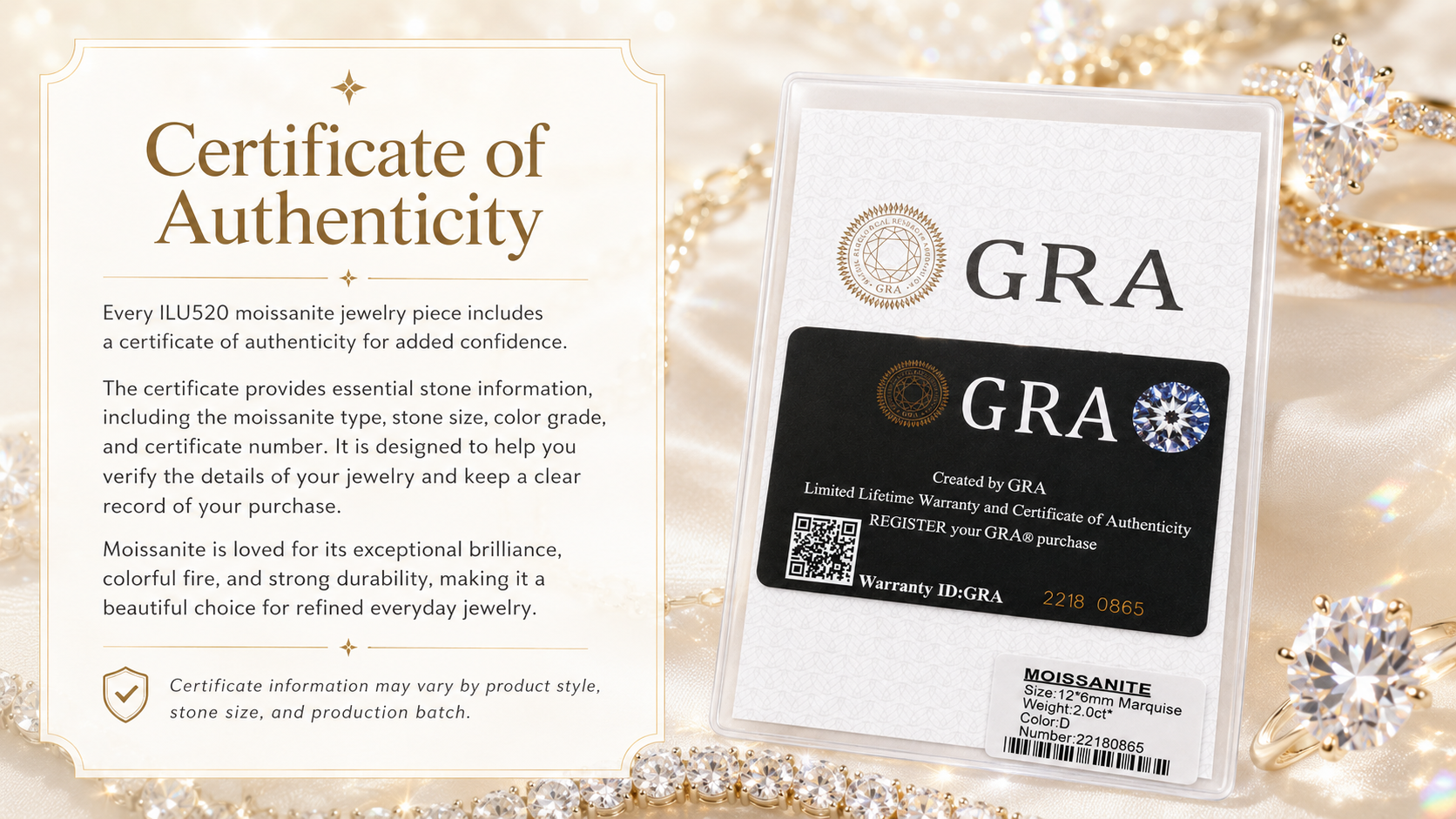 Certificate of authenticity information for ILU520 moissanite jewelry